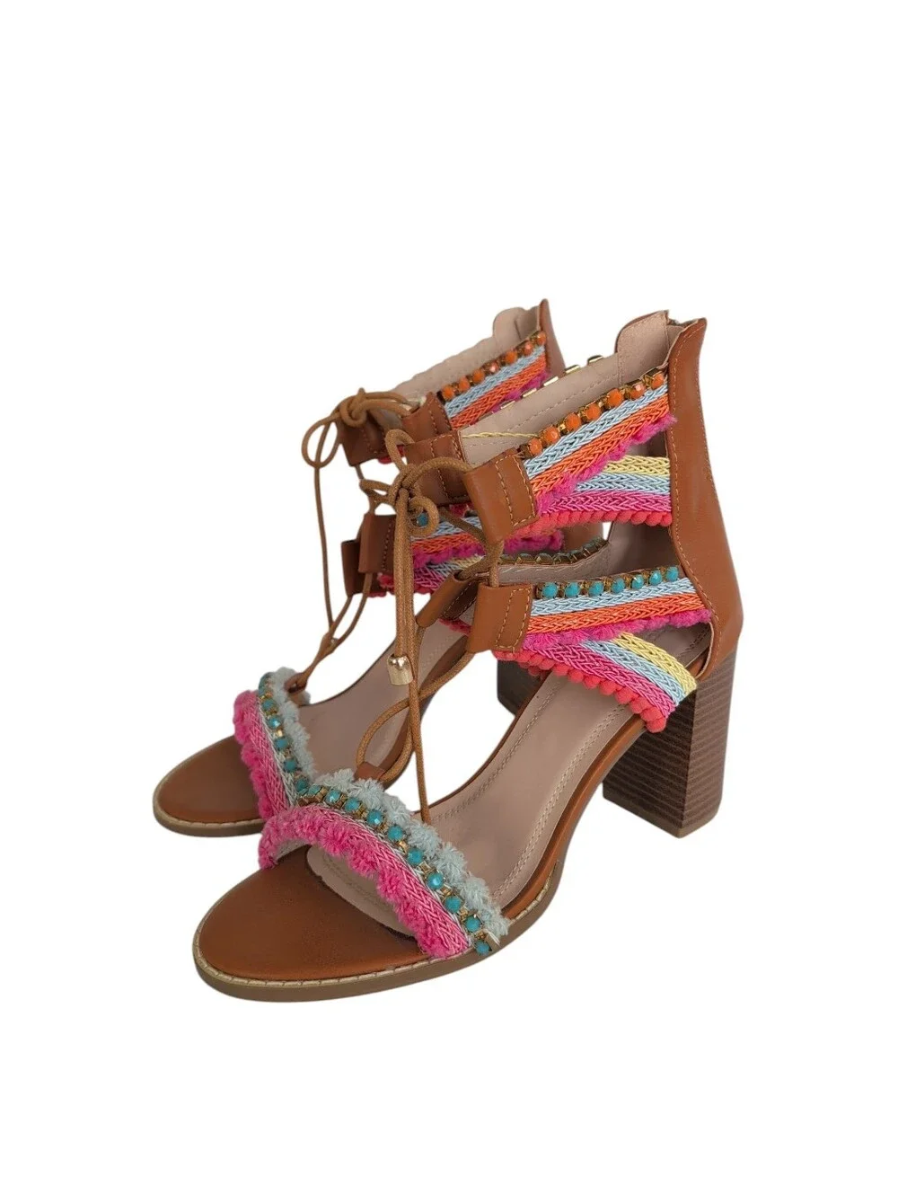 Charlotte Russe Edith-2 Lace-Up Gladiator Sandals 10 Pink Brown Multi